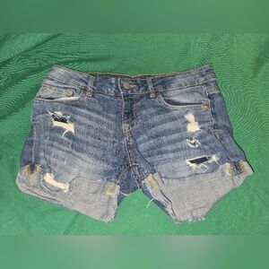 Aerpostale Midi Distressed Ripped Blue Denim Shorts size 4 Outdoor Festival